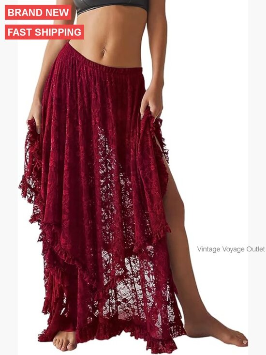 Dresses & Skirts - Women's Lace Maxi Skirt Elastic Waist Asymmetrical Hem Beach Cover Up
